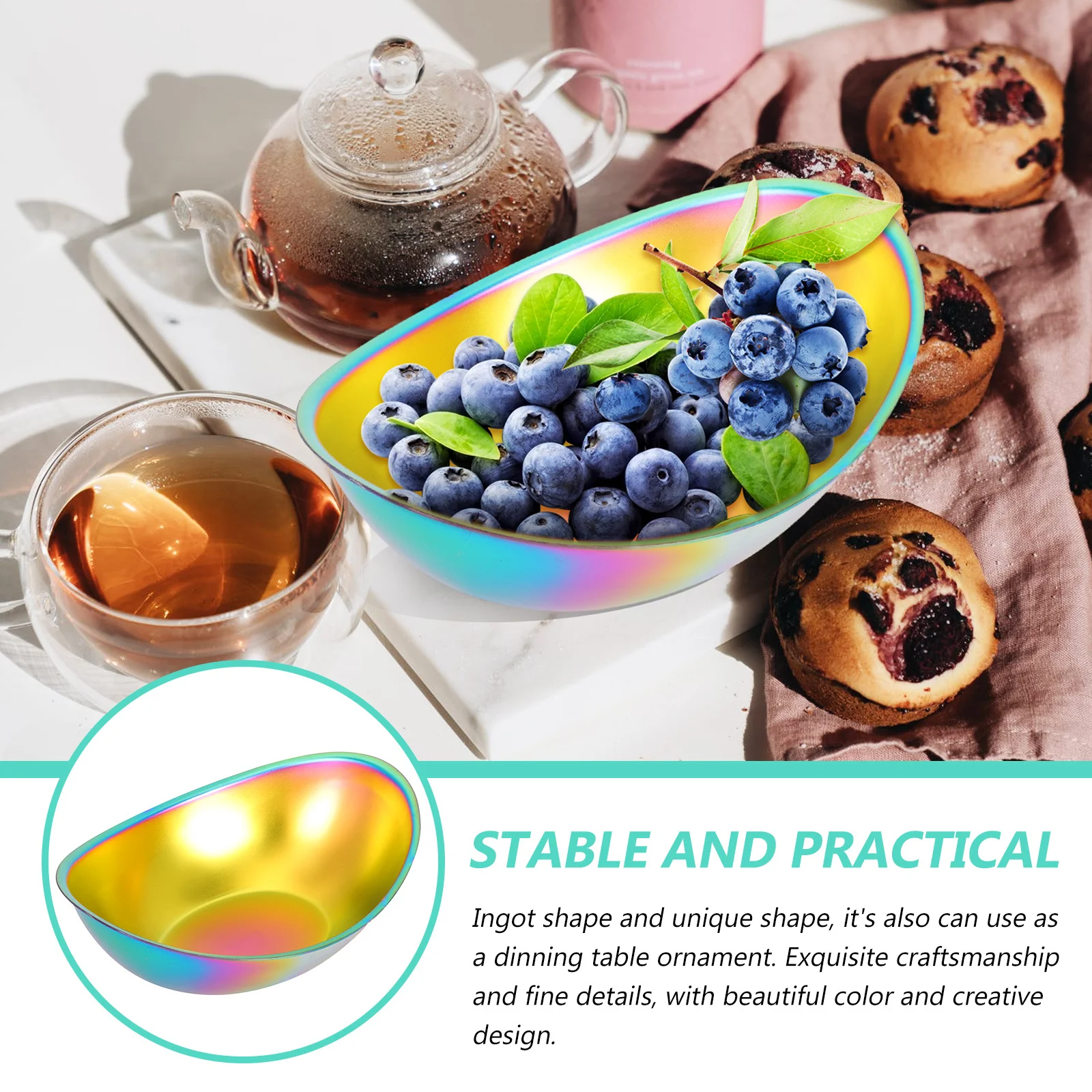 

Colorful Ingot Bowl Stainless Steel Anti-Skid Base Big Opening Design For Salad Fruit Dessert Noodles Rice Soup Serving
