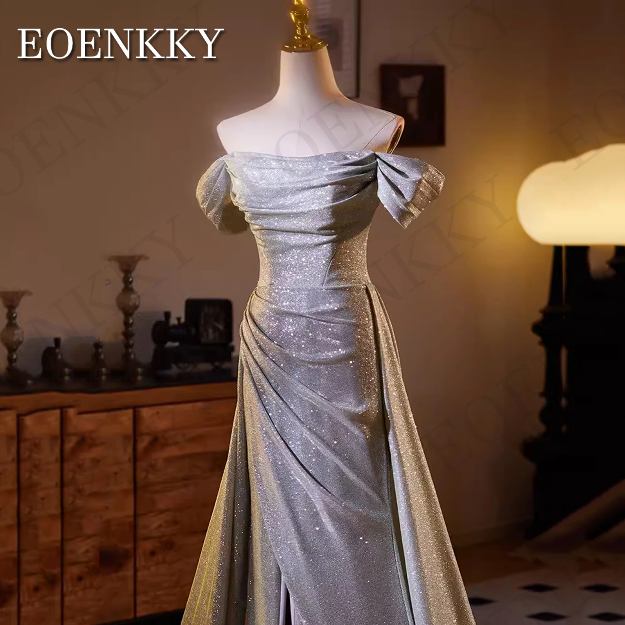 Silver Sparkly Evening Dress Simple Off The Shoulder Split Glitter Wedding Guest Dress Women Charming Pleats vestidos de fiesta