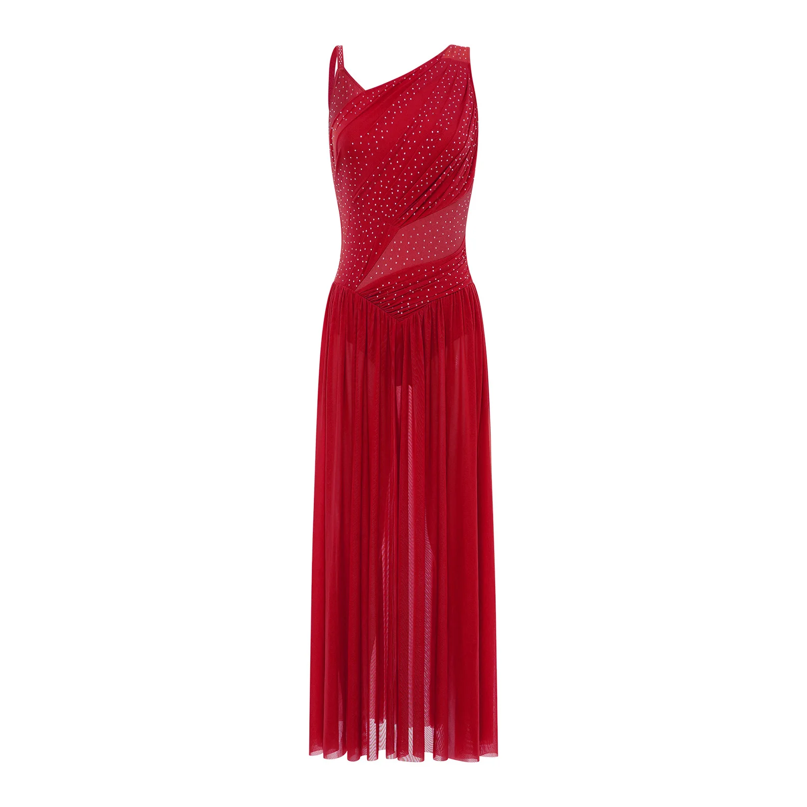 

Womens Lyrical Jazz Dance Dress Rhinestones Ruched Detail Asymmetrical Shoulders Strappy Long Dress Elegant Modern Dance Costume