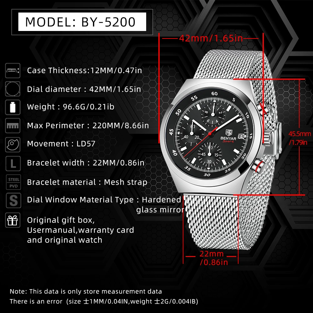 BENYAR Top Brand Men's Multi Functional Timing Quartz Watch Calendar Night Light Waterproof Stainless Steel Watches Man BY5200