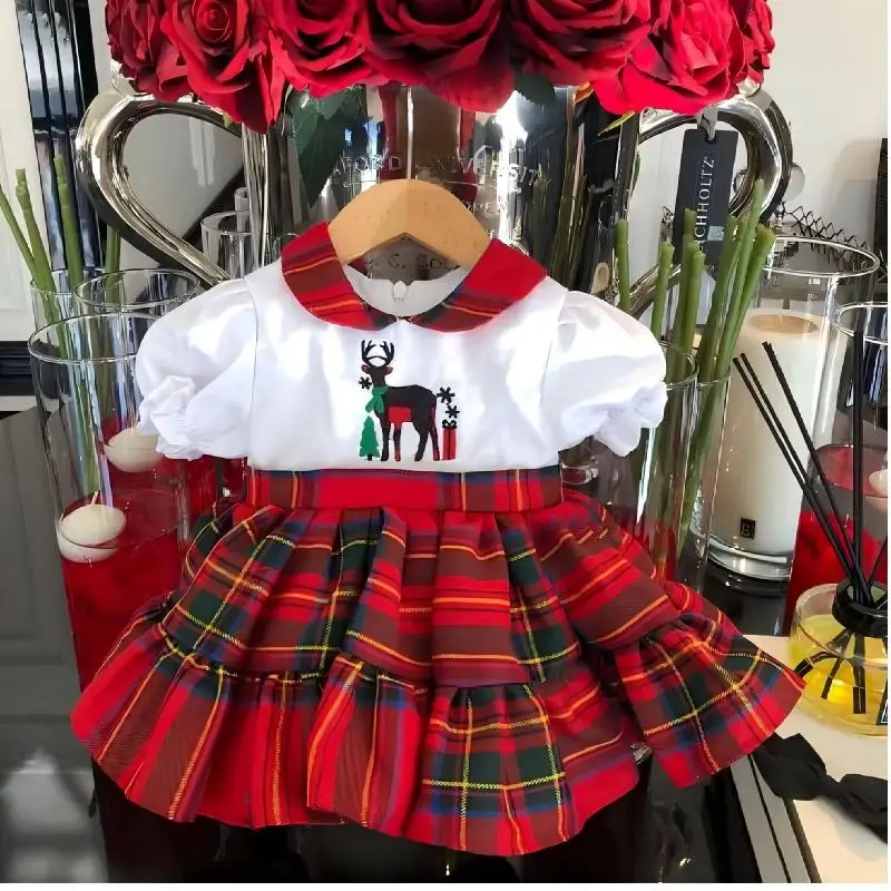 0-12Y طفلة الصيف الخريف الغزلان التطريز الملونة منقوشة خمر الأميرة فستان أحمر لعيد ميلاد عطلة عيد الميلاد C191