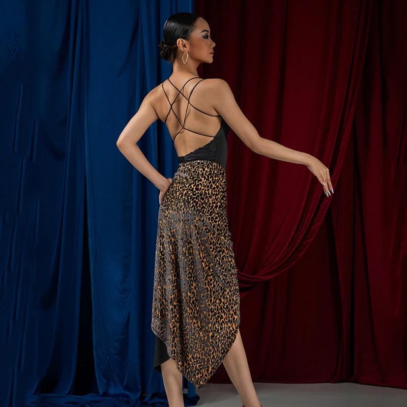 Adults Ballroom Dance Competition Clothes Women Latin Dance Costume Sexy Backless Top Leopard Velvet Skirt Practice Suit SL10919