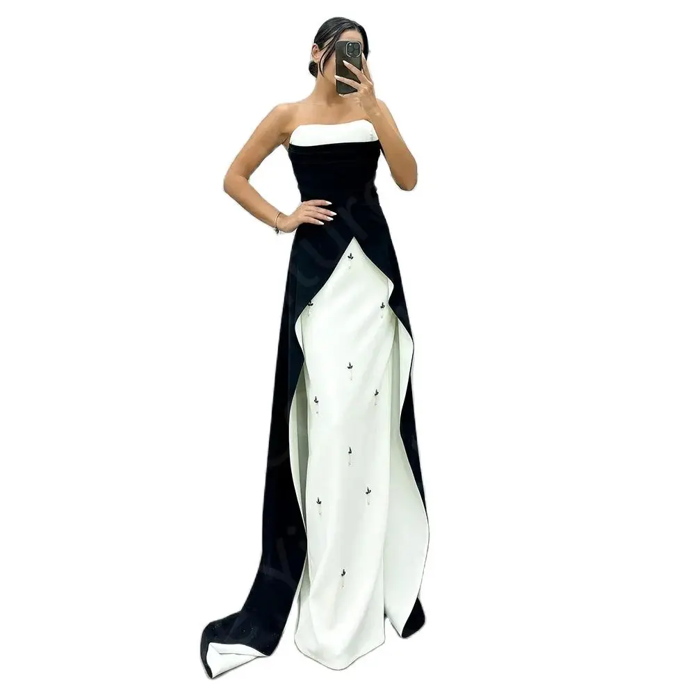 Robe de Soirée Noire et Blanche Personnalisée avec Traîne et Perles, Sans Bretelles, pour Invités de Mariage, 2024