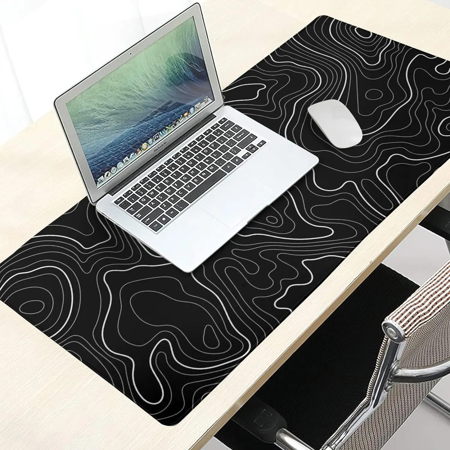 Black Topographic Contour Gaming Mouse Pad Large Non-Slip Rubber Base Keyboard Mat with Stitched Edges for Home Office Mouse Pad