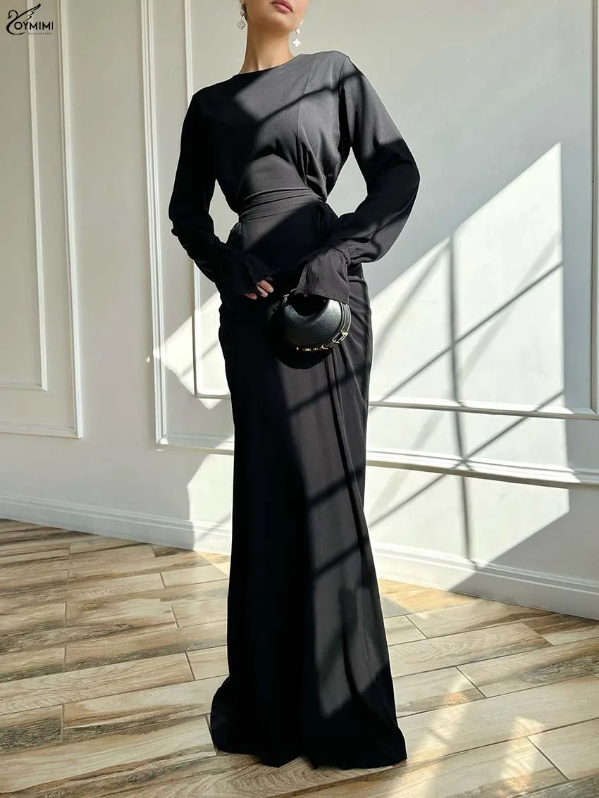 

Oymimi Elegant Black O-Neck Dresses 2025 Woman Fashion Long Sleeve High Waisted Solid Dresses Casual Slim Floor-Length Dress