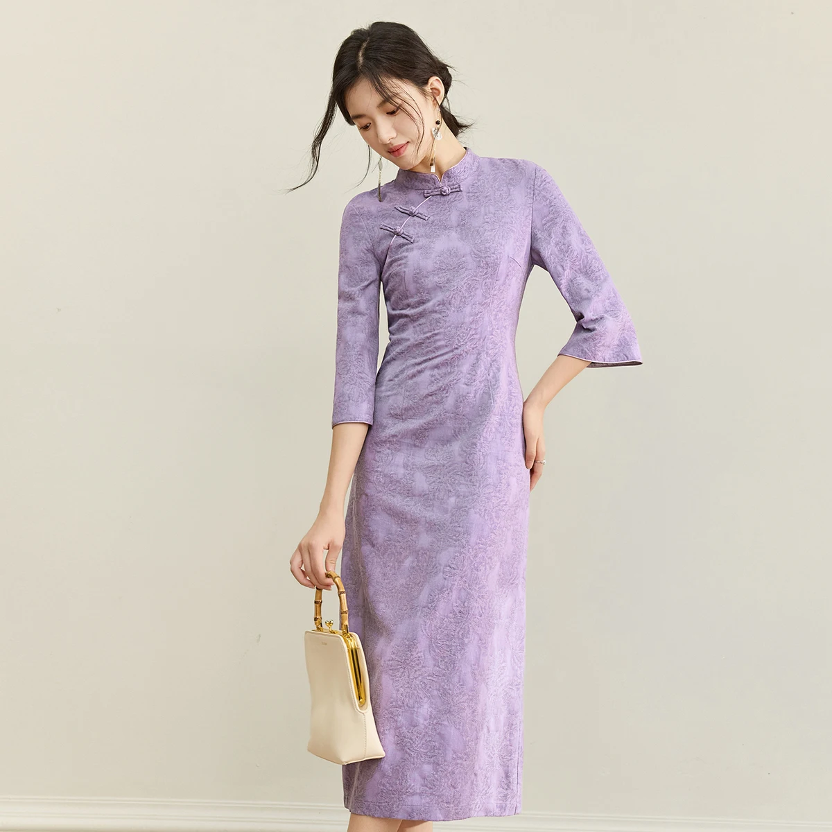 SENTUBILA Women's Elegant Stand Collar Dress 2025 Autumn New Chinese Style Frog Buttons Three Quarter Sleeve Dress Q53LI3773