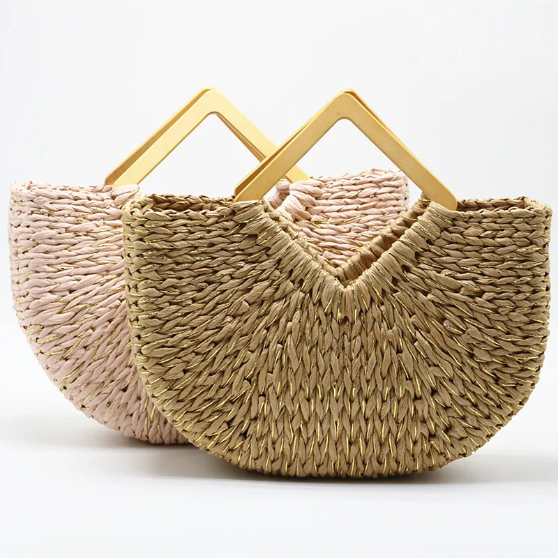 

Summer Hand Woven Half-moon Straw Bag Fashion Large Capacity Travel Seaside Beach Tote Bag Moon Shaped Top Handle Handbag Female