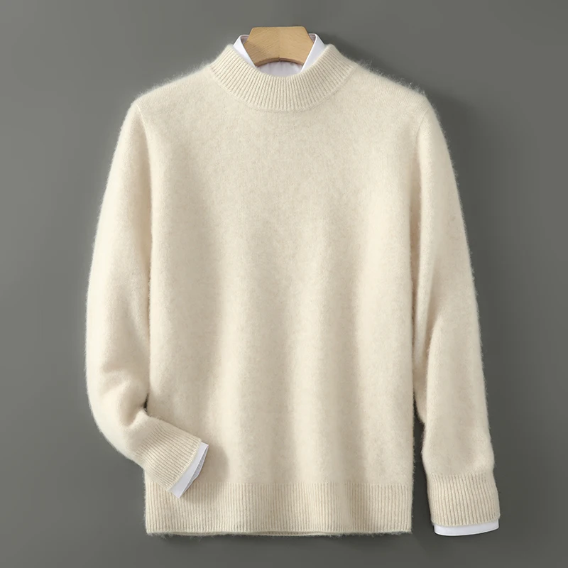 

Luxury Men 100% Merino Wool Knit Mock Neck Sweater Long Sleeves Pullover Cashmere Solid Color Soft Leisure Business Top