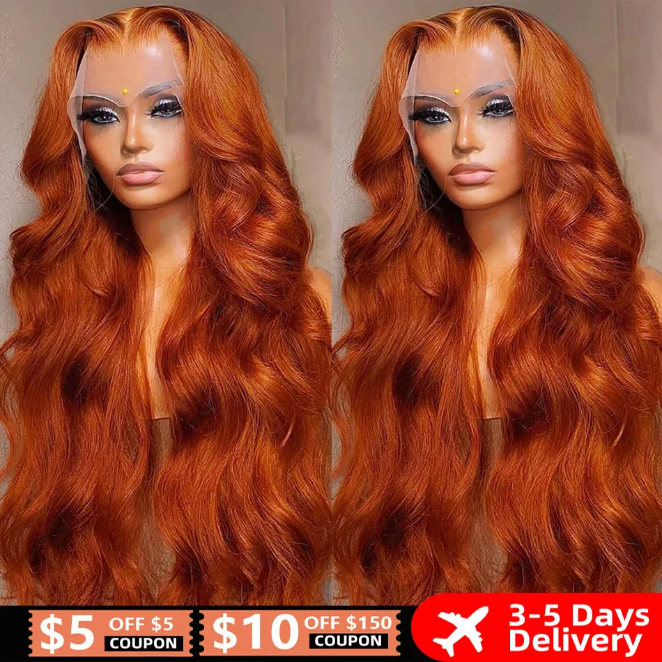 32 34 Inch Orange Ginger HD Lace Front Wig Human Hair 13x4 Body Wave Frontal Wig Pre Plucked Colored Human Hair Wigs For Women