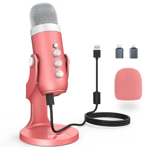 Haomuren 핑크 USB 콘덴서 마이크 – PC, Mac, 전화 게임, 스트리밍, 팟캐스팅 및 노트북/데스크탑용 스튜디오 녹음 마이크