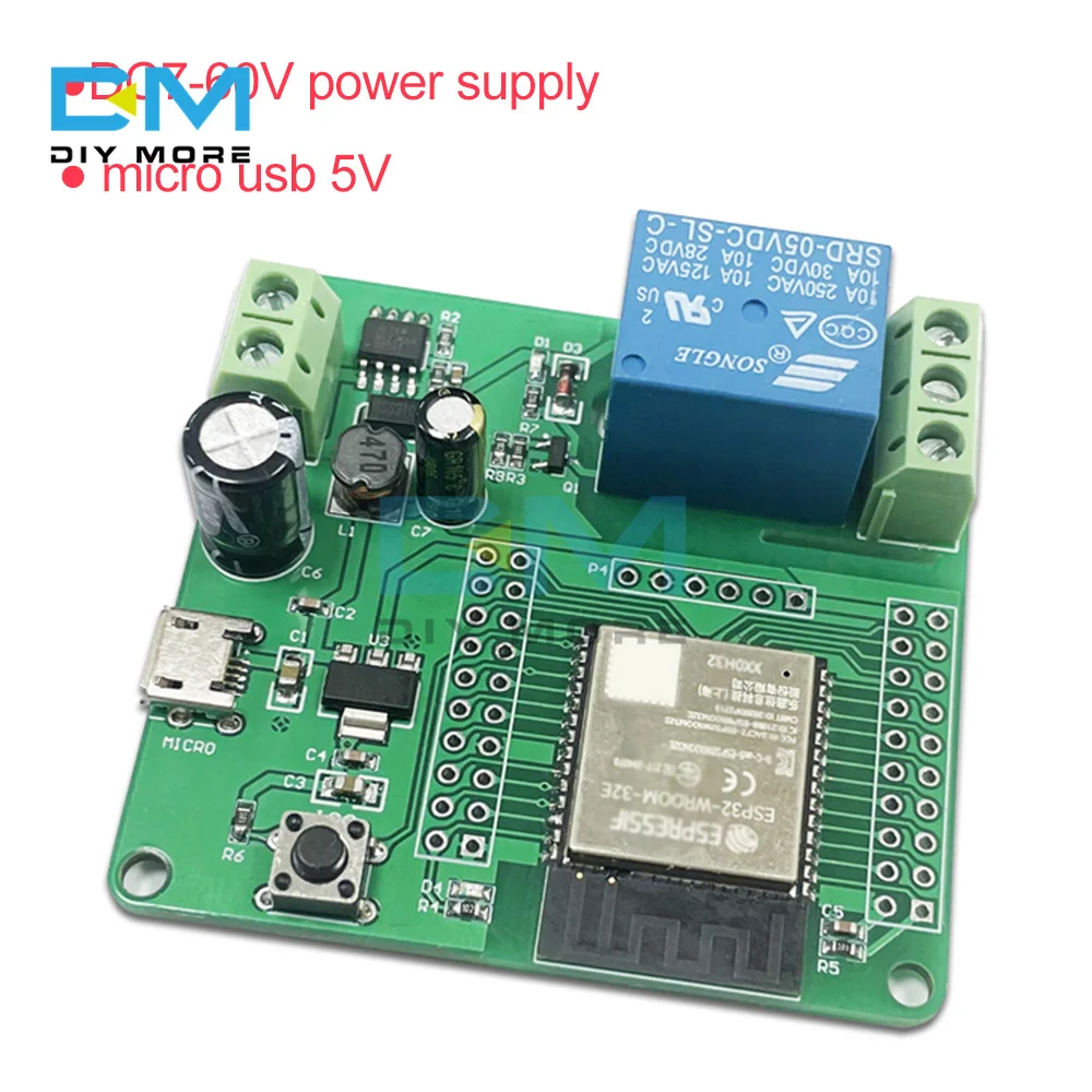 ESP32-WROOM-32E Development Board 1 Channel Relay Module DC 7-60V Micro USB 5V Output Switch Signal 4M Byte Flash