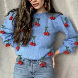 Foridol hand-made cherry sweater women vintage crochet blue pullovers autumn winter streetwear casual oversized sweater 2024