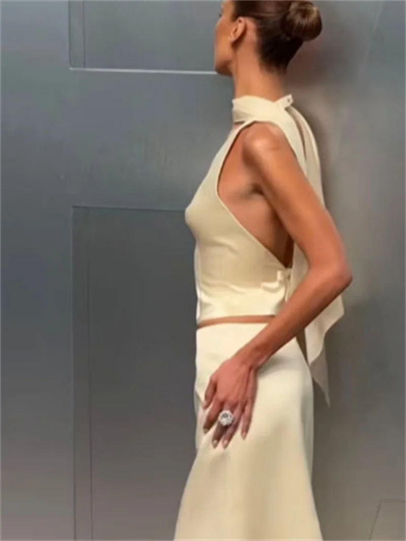 Sexy Beige Satin Prom Dress With Scarf Sleeveless Backless 2 Pcs Skirt Set Party Gown Formal Wedding Guest Birthday Evening Robe view 4