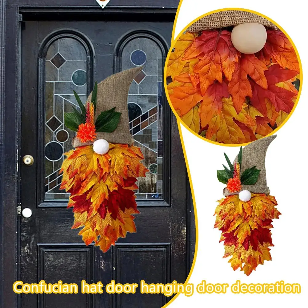 1pc Autumn Maple Leaf Wreath With Gnome, Rustic Rural Home Style Wreath, Hat Pointed With Halloween Flower Vibrant Decor S2a7