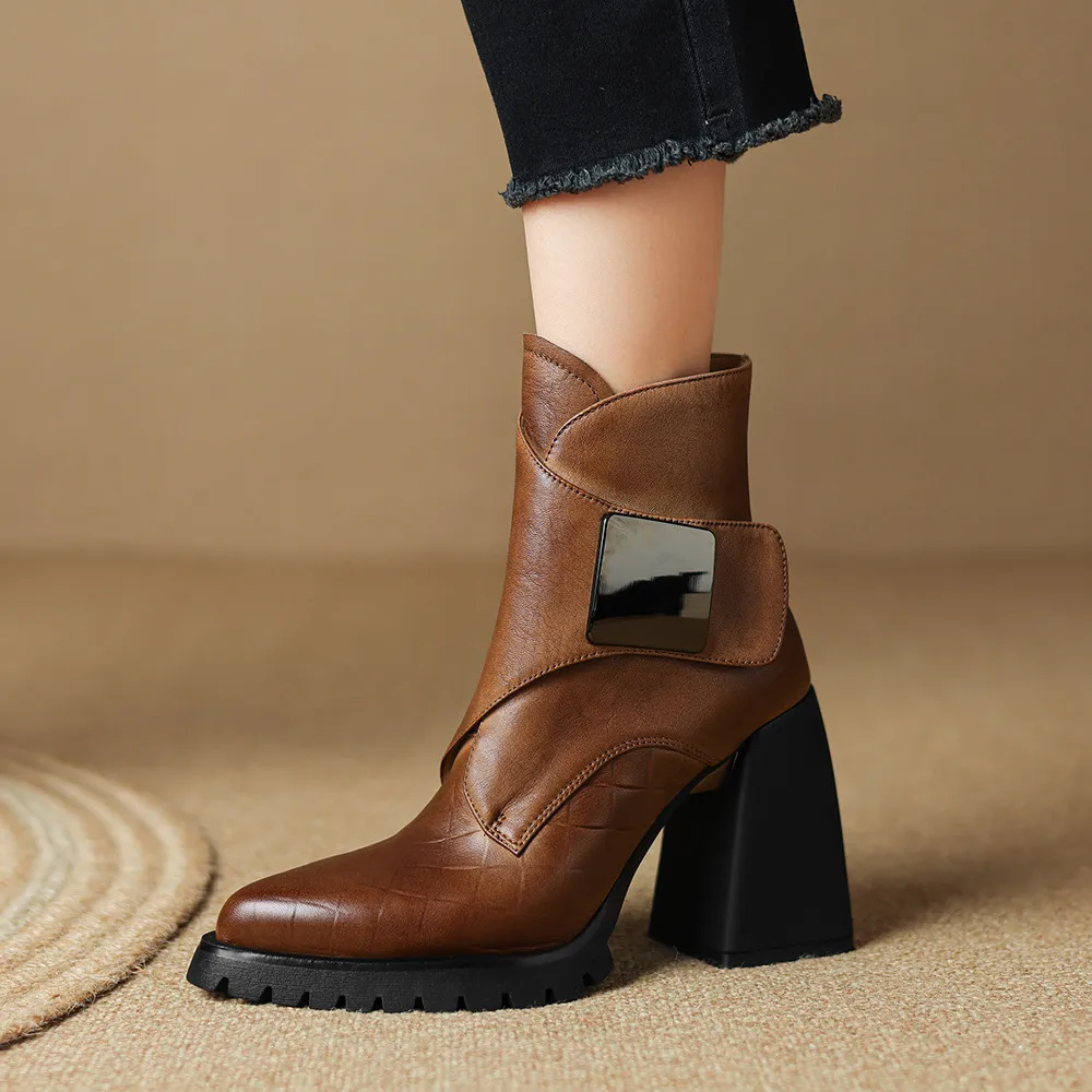 MILI-MIYA Fashion Pointed Toe Thick Heels Solid Color Women Full Genuine Leather Ankle Boots Hook Loop Handmade For Ladies