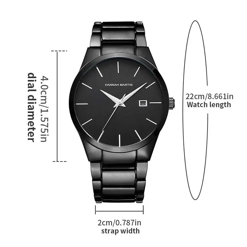 Hannah Martin Men's Stainless Steel Watch Fashion Business Style Black Minimalist Style 3Bar Waterproof Quartz Movement Watches