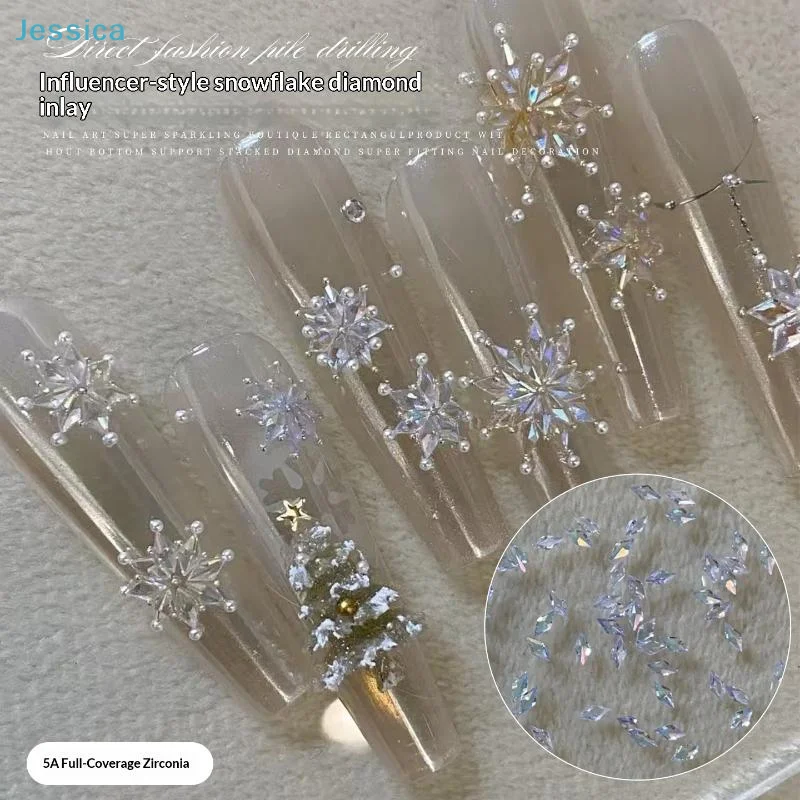 ♥50Pcs Colorful Rhombus Nail Charms Snowflake Nail Rhinestone Flat Bottom Stereoscopic Nail Decoration DIY Accessories