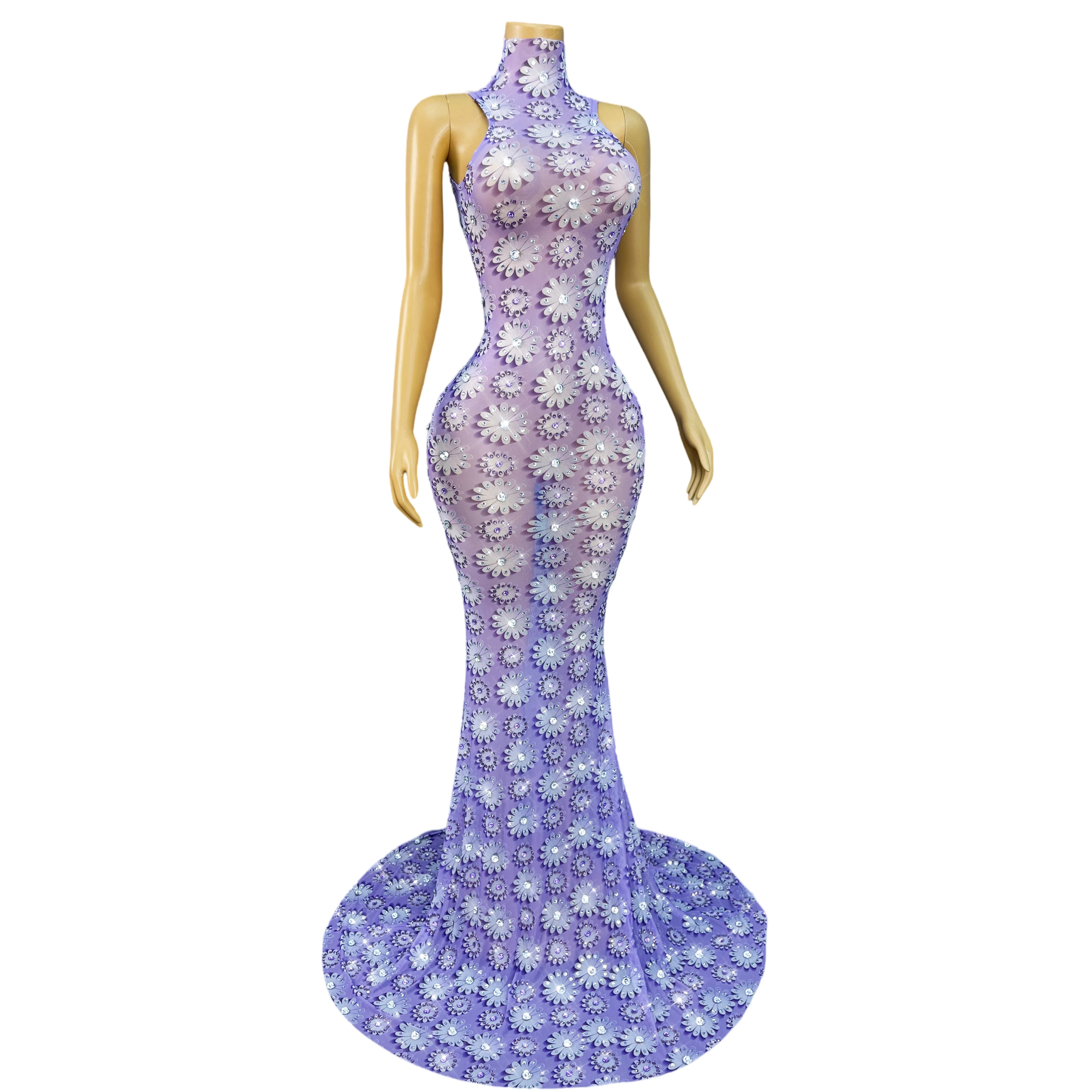 Neues elegantes Blumenmuster entworfen mit glänzenden Strasssteinen, Meerjungfrauenkleid, Abendkleid, roter Teppich, Show-Bühnenoutfit, Xiaobaihua