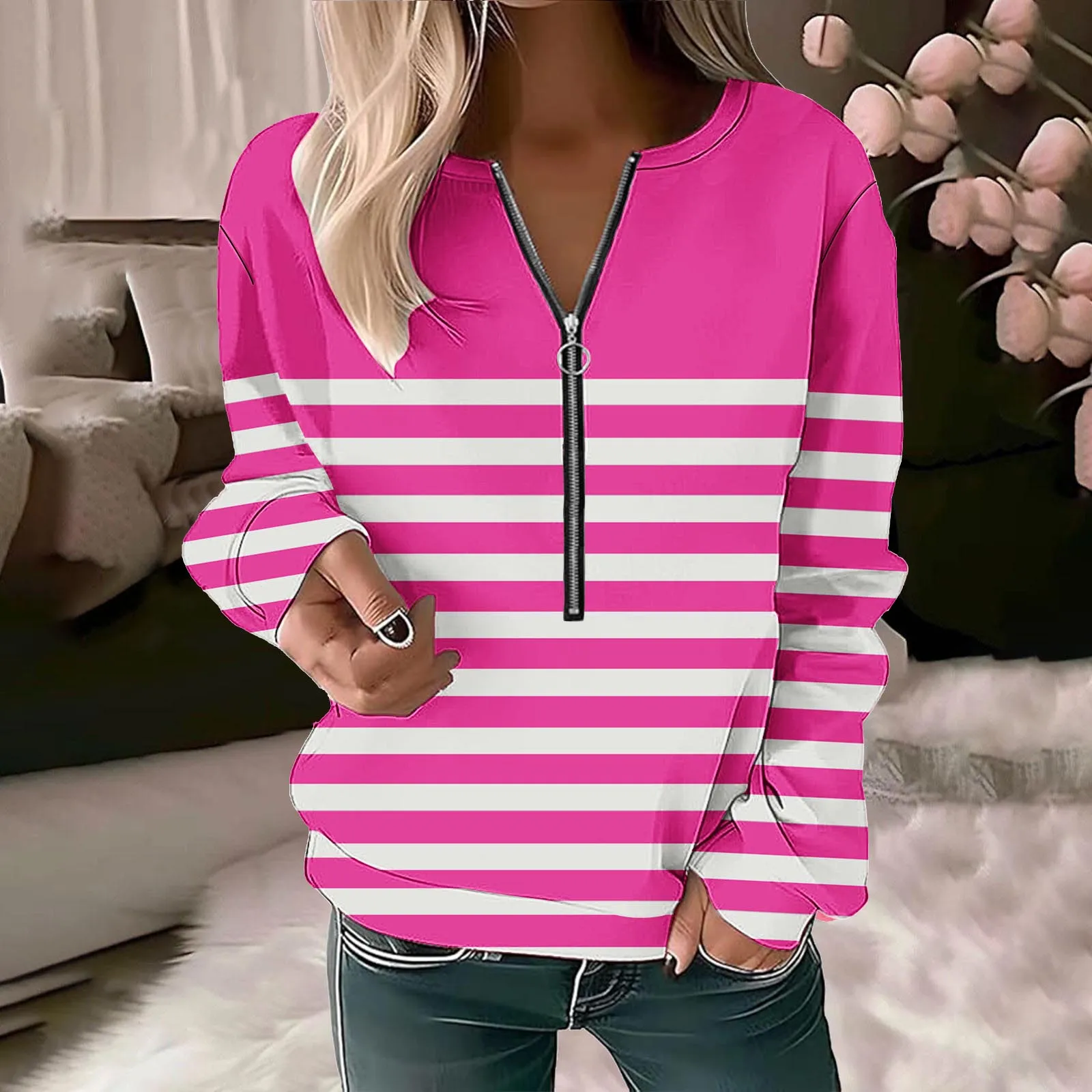 2024 Stripe Print Zipper Hoodie For Women Autumn Leisure Long Sleeves Pullover Sweatshirt Women Fashion Street Hoodies Woman\'s