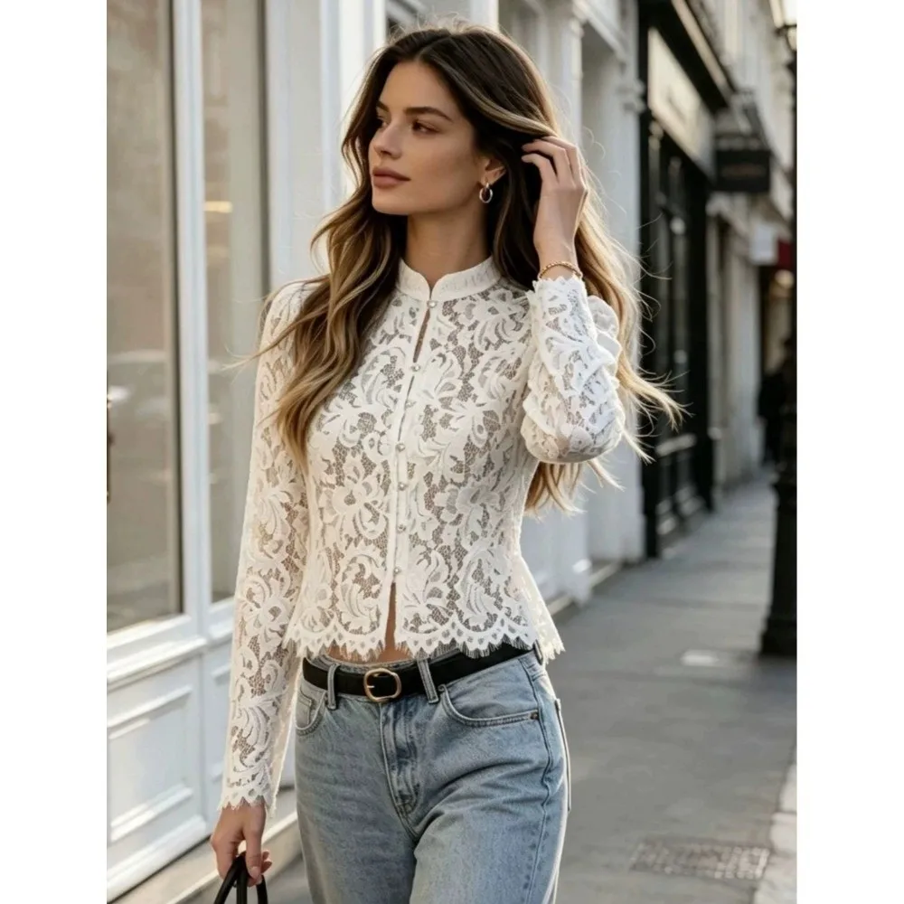 Solid White Color Floral Lace Blouse Floral Weave Front Button Closure Long Sleeve Top Sheer Lace Scallop Hem Elegant Blouse Top