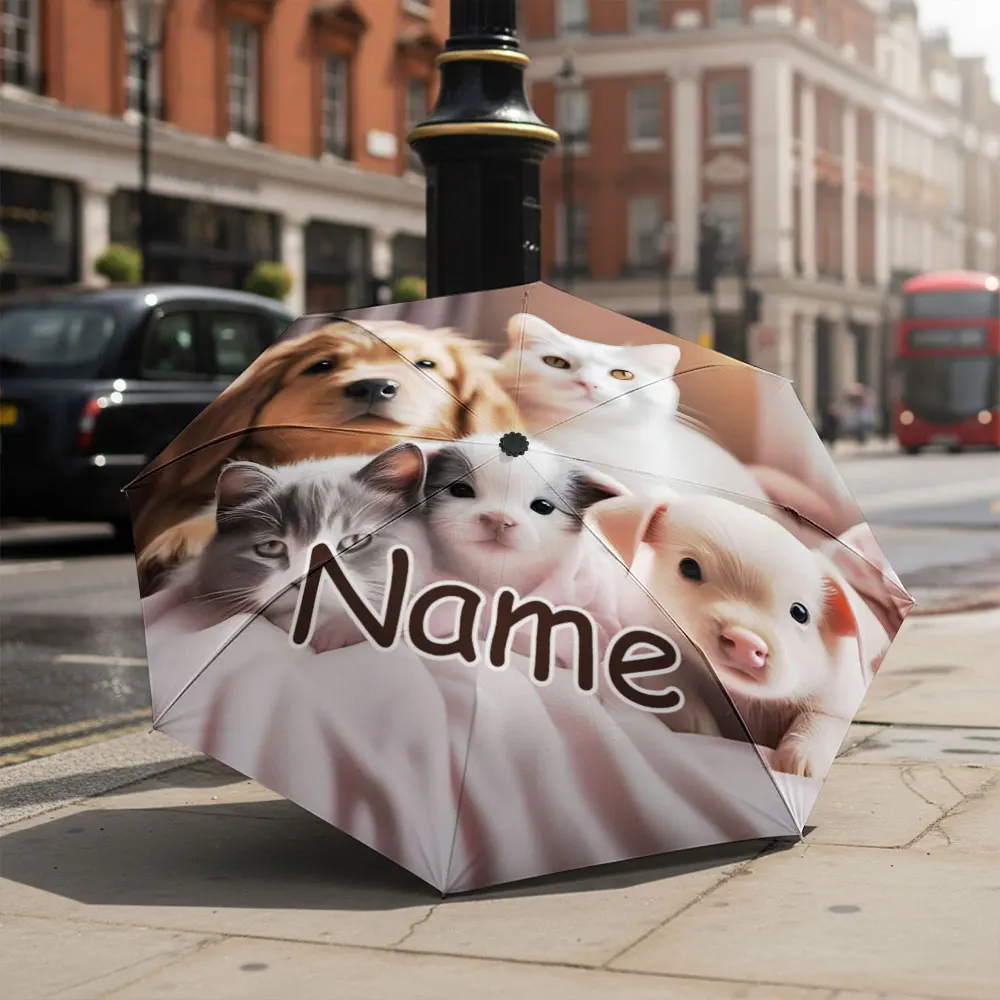 Custom Name umbrella, Cute Animal Friends Dogs, Cats, and Piglet print Fashion Folding Umbrella for Sunny and Rainy Days,Gift