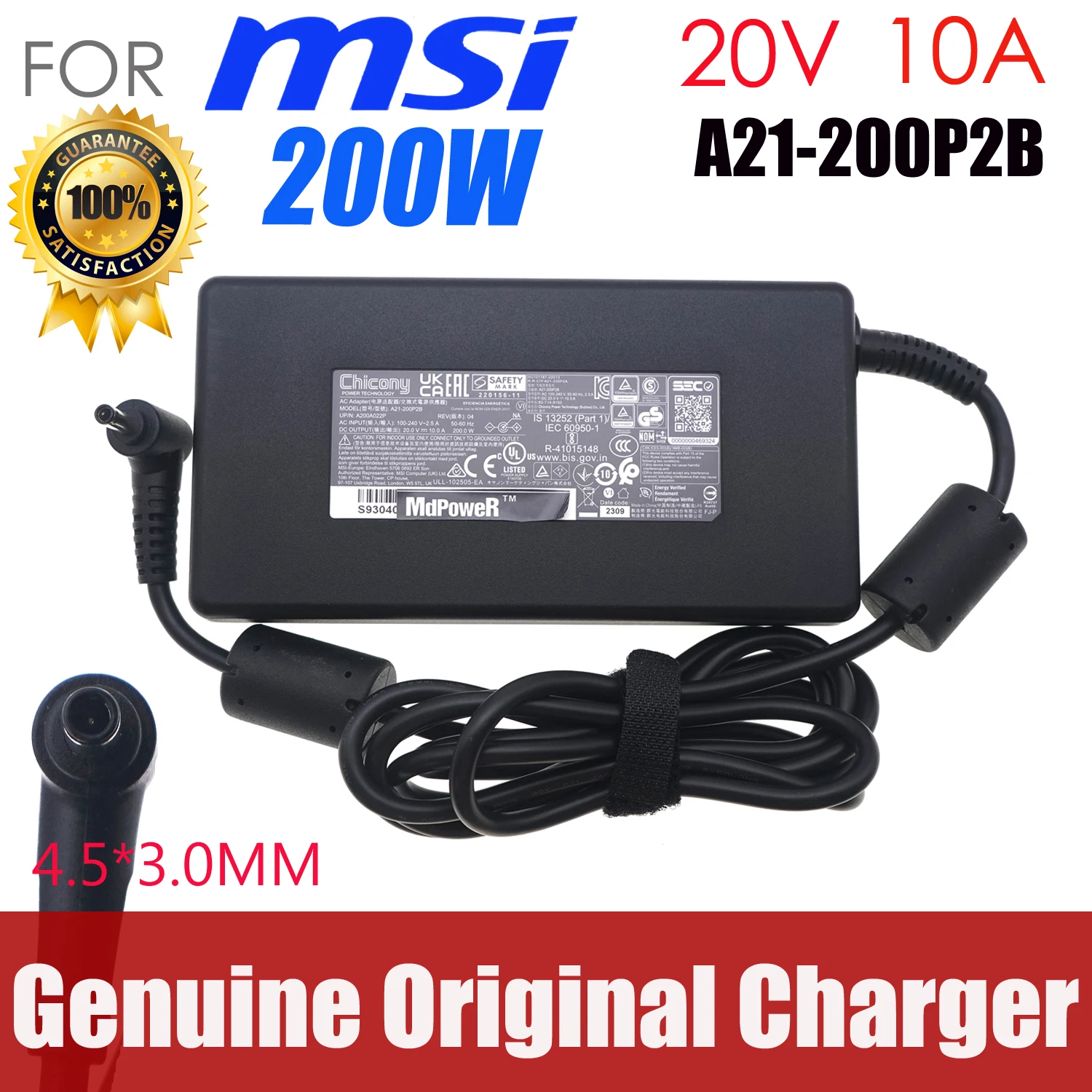 

Genuine OEM Chicony 20V 10A 200W A21-200P2B A200A022P Laptop AC Adapter Charger for MSI Stealth 14 Studio MS-14K Gaming Notebook