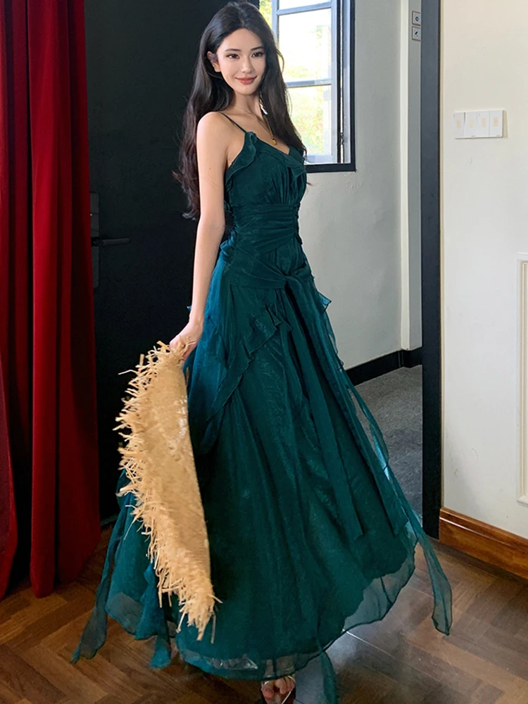 2025 グリーンパッチワーク ラッフルVネック セクシー スリング ロングドレス レディース エレガント ラグジュアリー ドレス サマー 韓国 ヴィンテージ フェスティバル パーティー ドレス