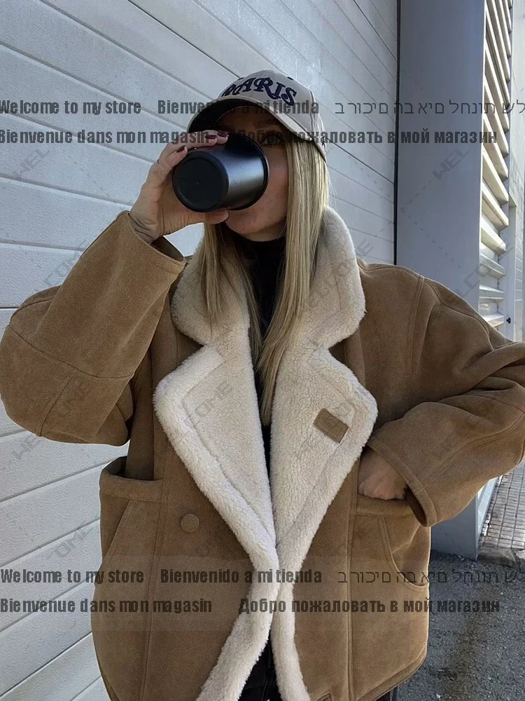 Fashion Oversize Loose Lamb Jacket For Women 2025 Winter Long Sleeve Button Fleece Coats Female Hip Hop Street Fluffy Outerwear