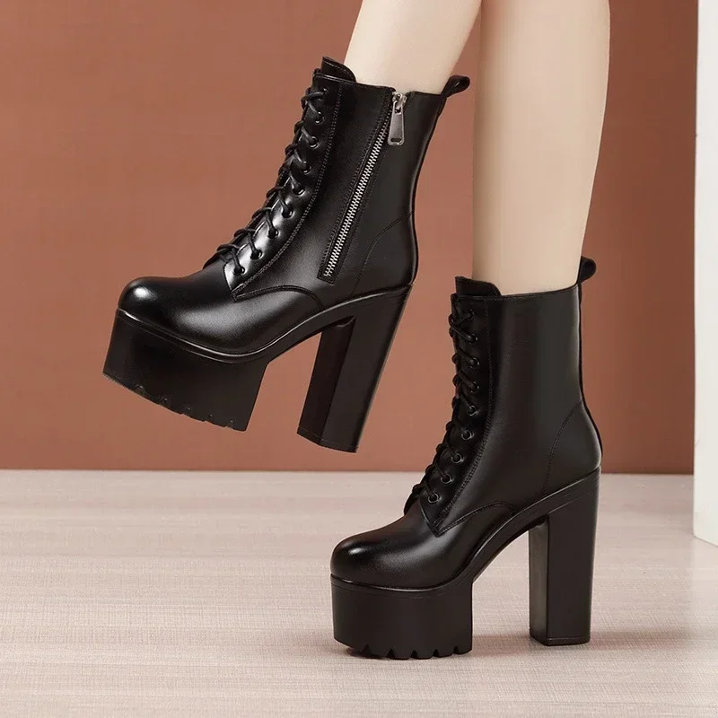 14cm Small Size 32-43 Elegant Thick Bottom Genuine Leather Shoes Platform Boots 2024 Block High Heels Ankle Boots Model Office