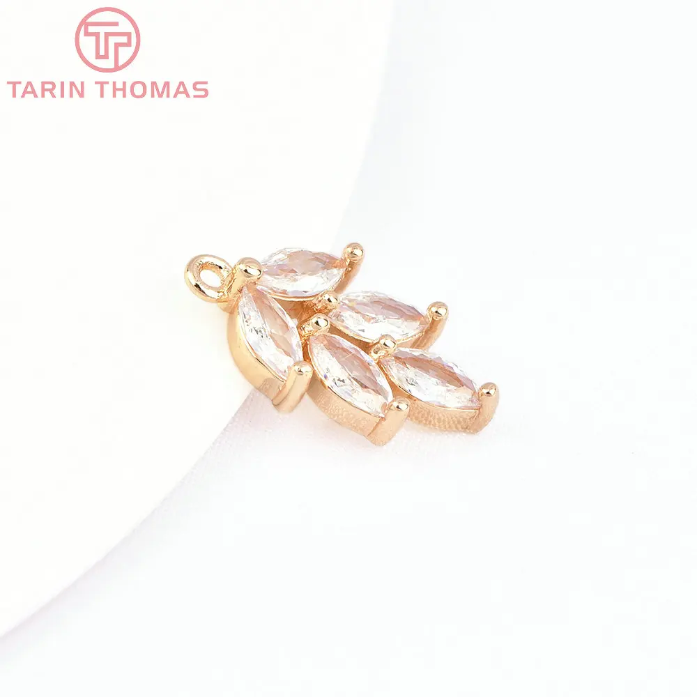 (7778) 6PCS 10x17.5MM 24K Gold Color Brass with Zircon Leaves Pendants High Quality DIY Jewelry Making Findings Accessories