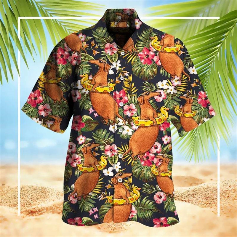 

Hawaii Funny Shirt For Men Dachshund 3d Print Summer Loose Hawaiian Beach Tops Casual Short Sleeve Lapel Blouse Male Clothing