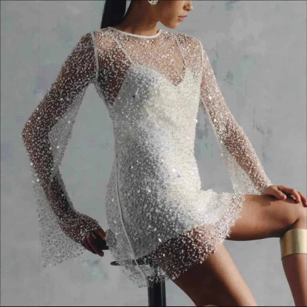 2025 New Arrival Women's Two-Piece Strapless Dress with Large and Small Bead Embroidery and Sheer Mesh