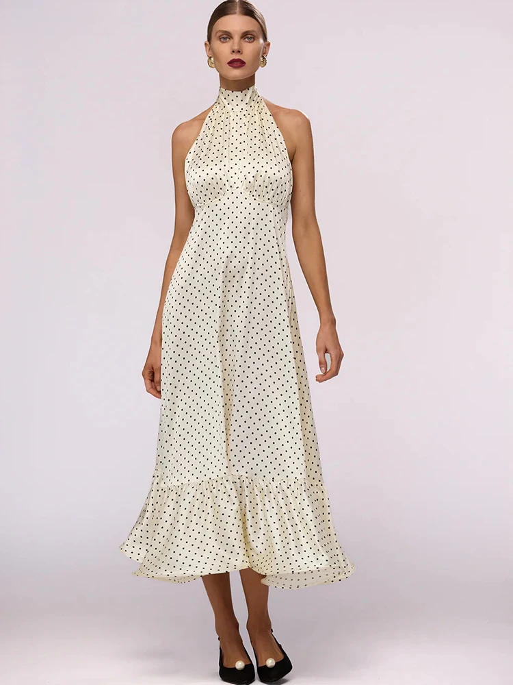 Fantoye Satin Print Polka Dot Halter Women Maxi Dress White Sexy Backless Bandage Dress Summer Slim Elegant Party Evening Dress