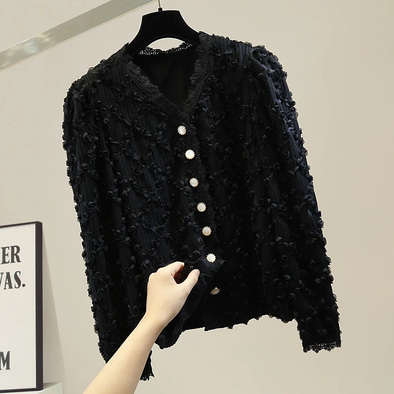 

Элегантный кардиган с 3D-цветами и кружевной отделкой, на одной пуговице, премиум-класса, для осени-зимы, в корейском стиле