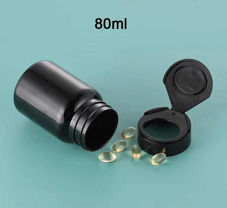 100pcs 80ml Black Color PET Health Care Plastic Bottles, Powder Capsules Pills Fish Oil Packing Bottles With Flip Lids