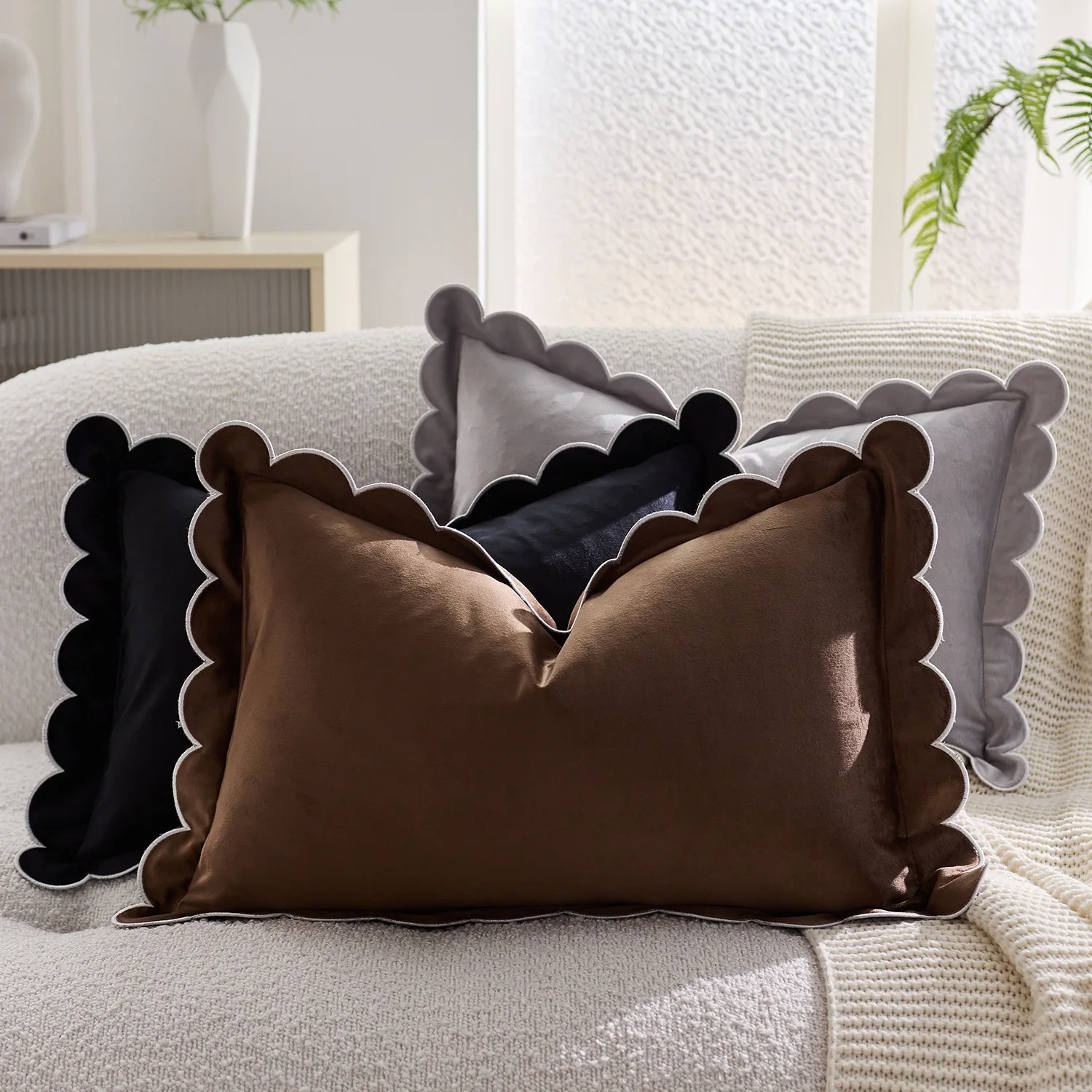 

Solid Velvet Cushion Cover With Wave Fringed Navy Red Green Pink Brown Grey