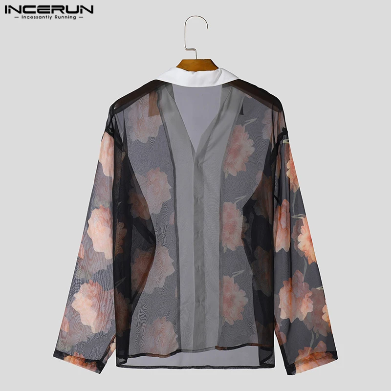 INCERUN Tops 2024 Handsome Men\'s Patchwork See-through Rose Shirts Spring Summer Personality Male Thin Long Sleeved Blouse S-5XL