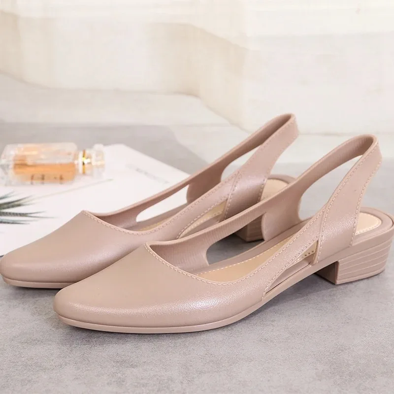 Summer Women Pvc Jelley Shoes Casual Solid Color Pointed Toe Chunky Midd;e Heels Women\'s Sandals Slip on Heeled Sandalias Mujer