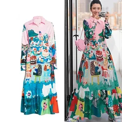 Women Casual Midi Shirt Dress Long Sleeve New Comings Fashion Design Cartoon Print Lady Streetwear Flower Vestidos Large Size