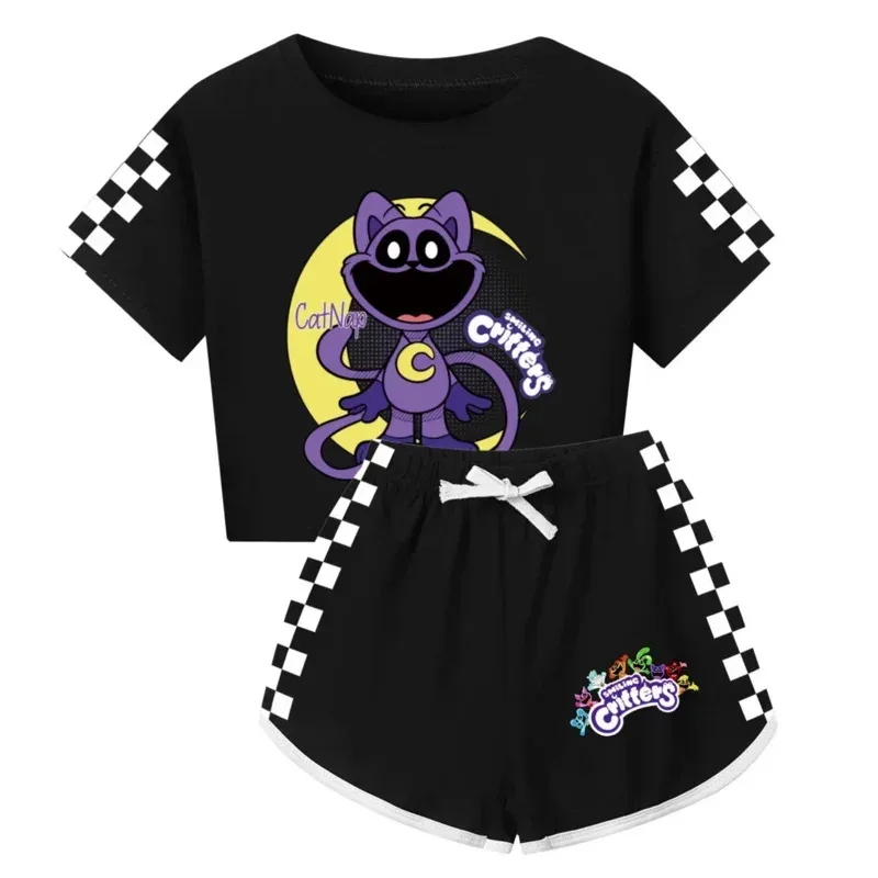 zz04zz12 Uśmiechnięte Zwierzątka Kot Czarny Zestaw Piżamowy Letni Dziecięcy Nocny Drzemka Piesek Pół Ciała Krótki Rękaw Bielizna Nocna Piżama Kreskówka Ba
