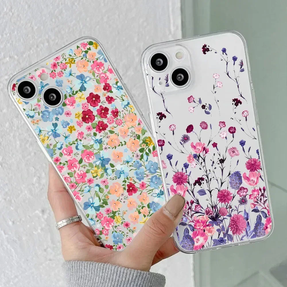 Fashion Flower Transparent Phone Case for IPhone 12 14 15 Pro Max Mini 11 13 X XS XR 7 8Plus SE2 Cute Cover for Iphone 11 Fundas