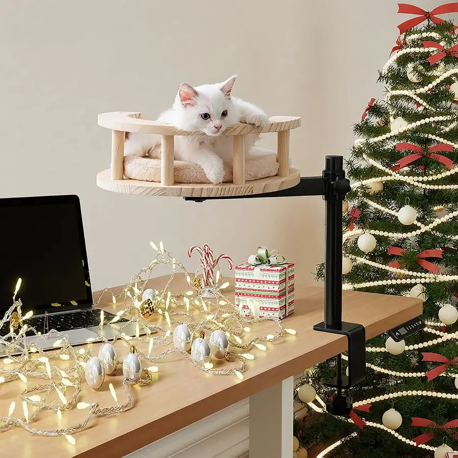 Katzen-Schreibtischbett für Hauskatzen mit einstellbarer Höhenverstärker, 360-Grad-Drehung, Holzschreibtisch, Kitty-Nest für oder Büroschreibtische, Heimtische, Wo
