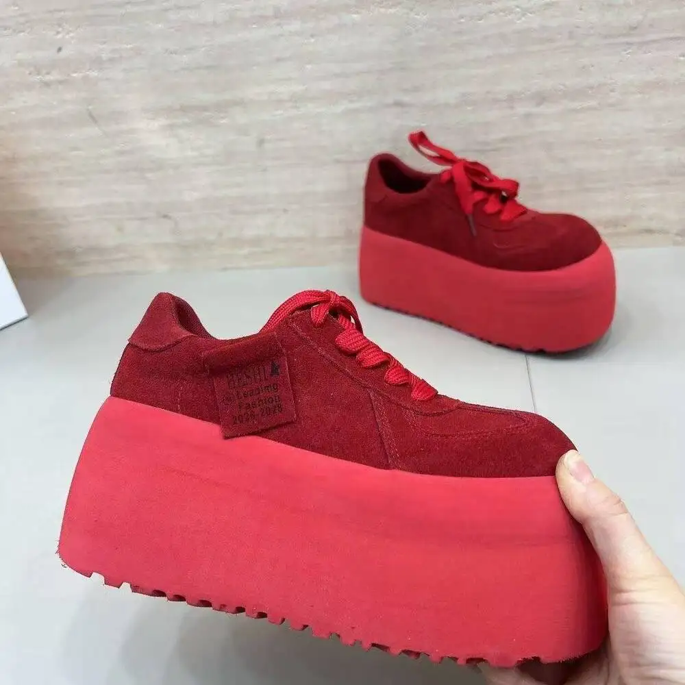 Women Spliced Platform Sneakers Spring New Round Toe Lace-Up Non-Slip Heightened Low-Top Single