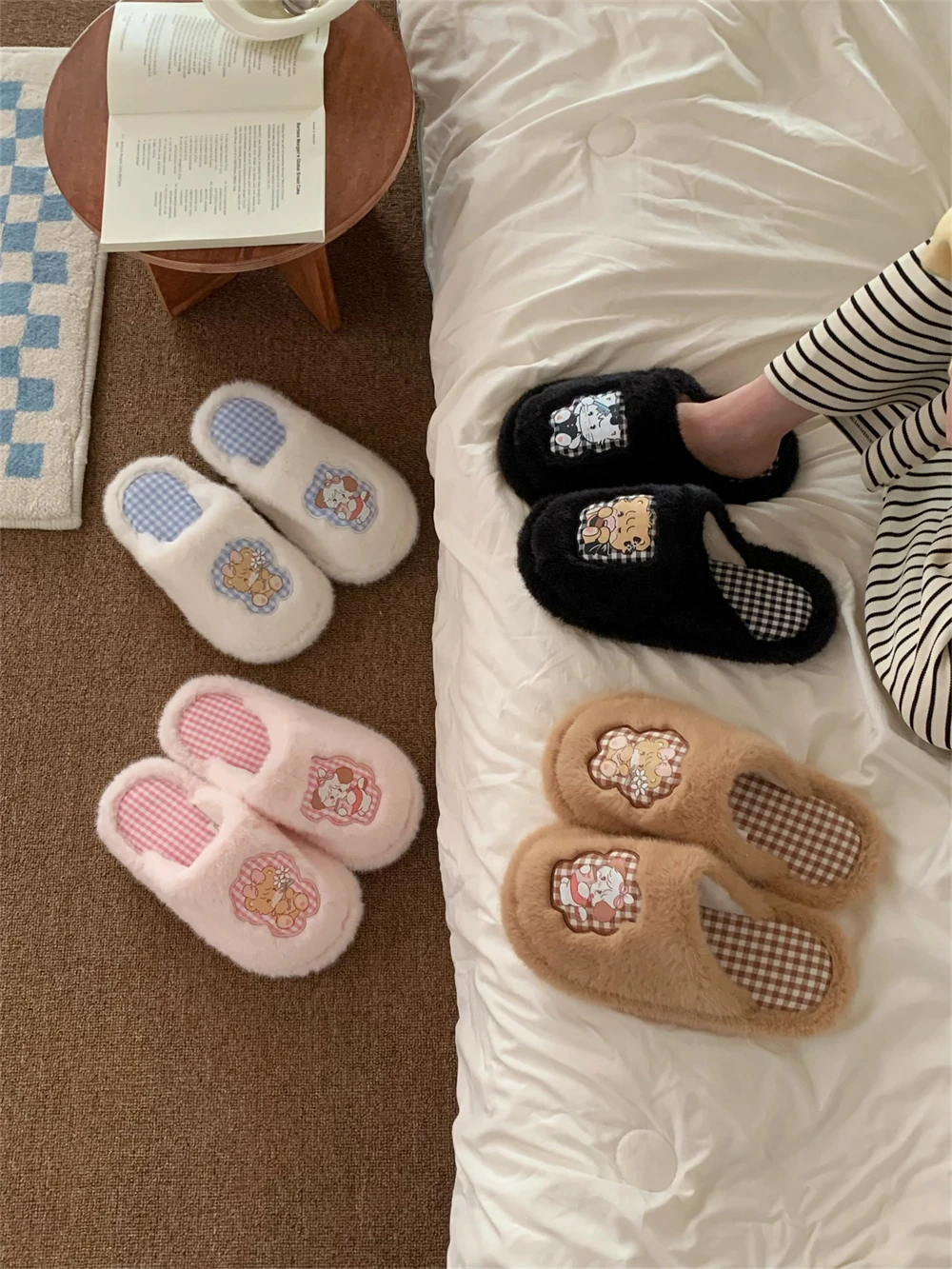 

Cute Cartoon Collaborative Cotton Slippers Women's Winter Home Anti-slip Warmth Headed Fur oes Thin Strip Design Home Slippers