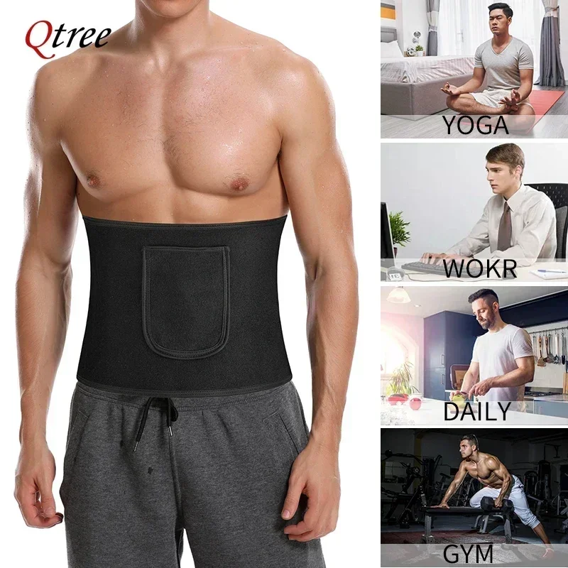 Qtree Waist Trainer Adjustable Wrap Sauna Sweat Belly Cinchers Belt Men Pocket Weight Loss Tummy Control Corset Fat Burn Trimmer