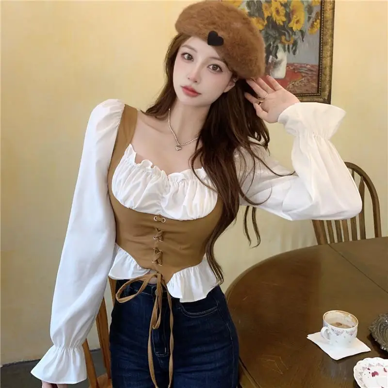 Blouses Women Ruffles Square Collar Fake Two Piece Temper Hotsweet Cropped Slim Panelled Designer French Fashion Clothing Chic