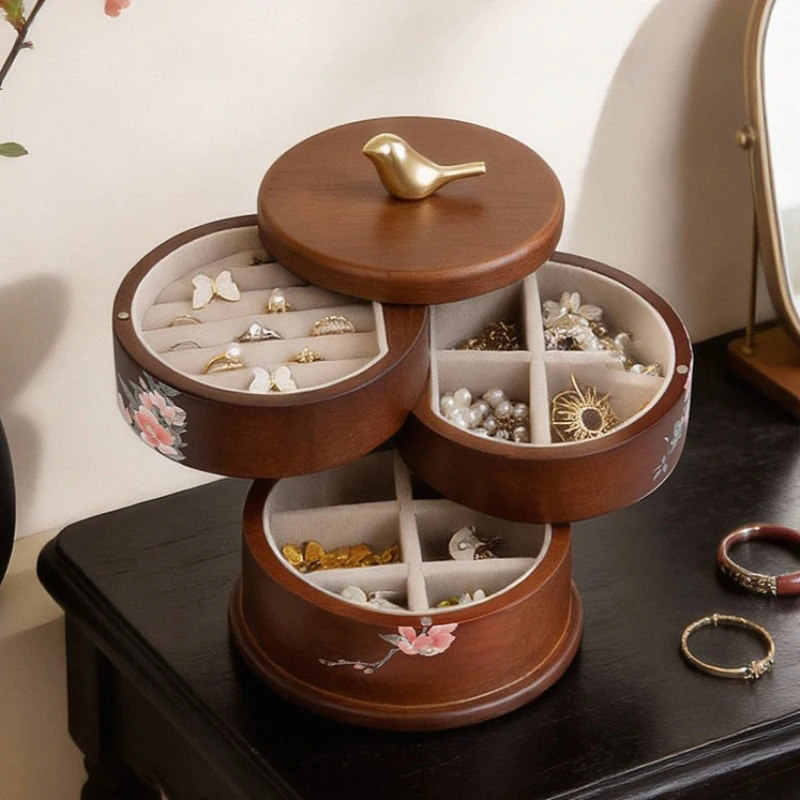 

Шкатулка для хранения ювелирных изделий из массива дерева, вращающаяся, большой вместимости, для колец и серег, в ретро-стиле