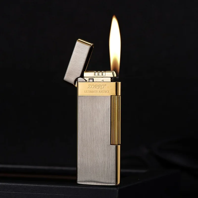 Original Zorro Ultradünnes, seitlich verschiebbares aufblasbares Feuerzeug aus Messing, seitliche Riemenscheibe, Feuerstein-Radfeuerzeug, Gas-Rauch-Zubehör
