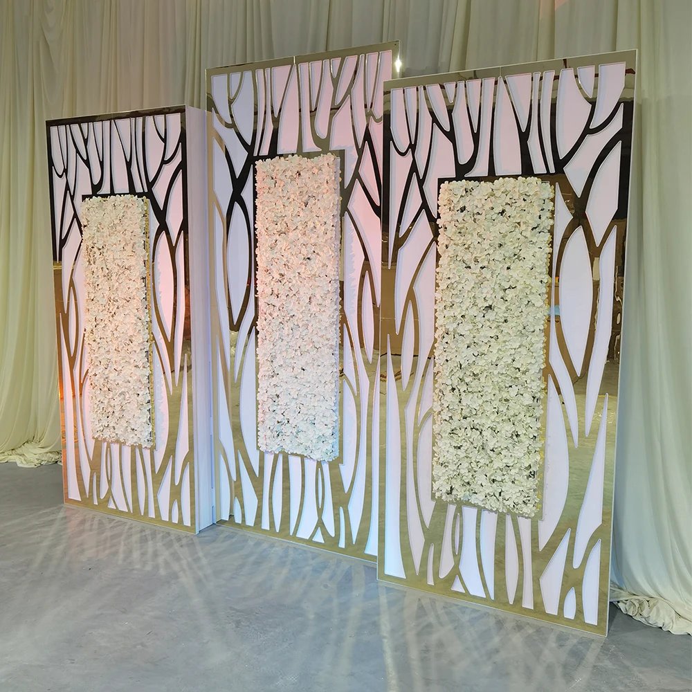 High Quality Stage Wedding Backdrop Panel Gold And White Floral Stand Backdrop