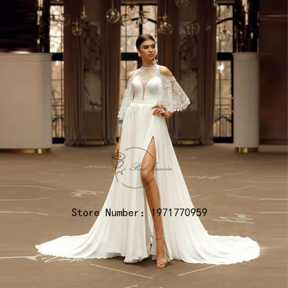 

Boho Ivory O Neck Wedding Dress For Women Applique Lace Elegant With Chiffon Sexy Zipper Back Bridal Gowns vestido de noiva 2024